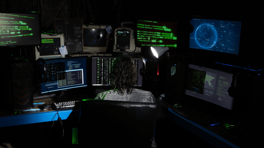 a person sitting at a computer in a dark room