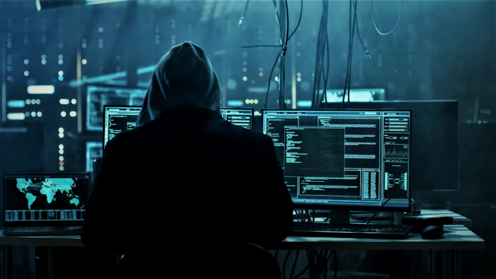 a person in a hoodie sitting in front of a computer screen