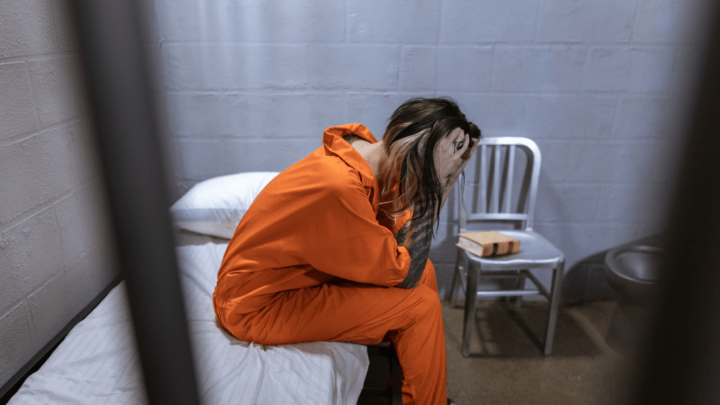 a person in an orange prison uniform sitting on the floor