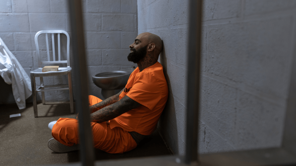 a person in an orange prison uniform sitting on the floor